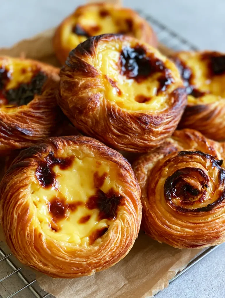 Pastel de Nata Recipe: Authentic Portuguese Custard Tarts 1 Tilted Pastel de Nata on brown parchment paper highlighting the crispy concentric circles of the pastry bottom.