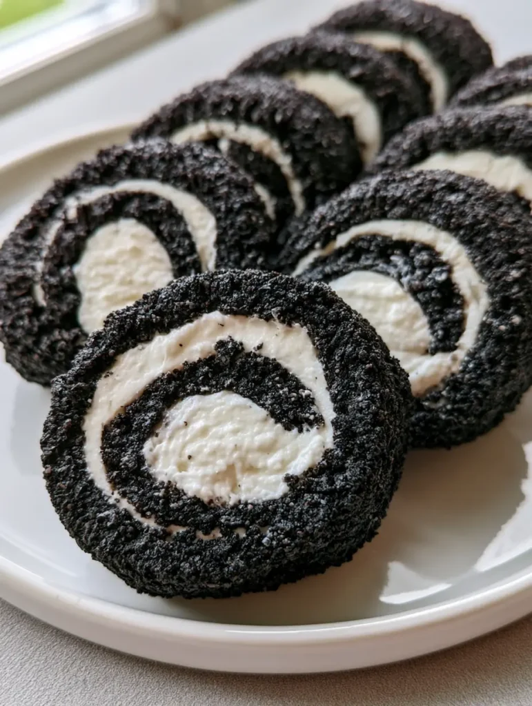 Oreo Sushi Rolls: The Viral No-Bake Dessert Sensation 1 Side view of Oreo Sushi Rolls on a white plate under soft natural daylight, highlighting the smooth white cream filling.
