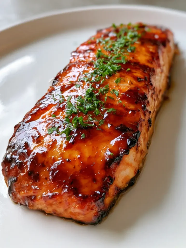 Brown Sugar Glazed Salmon with Caramelized Edges 2 Smartphone photo of a single thick salmon fillet glazed in deep amber glossy brown sugar sauce.