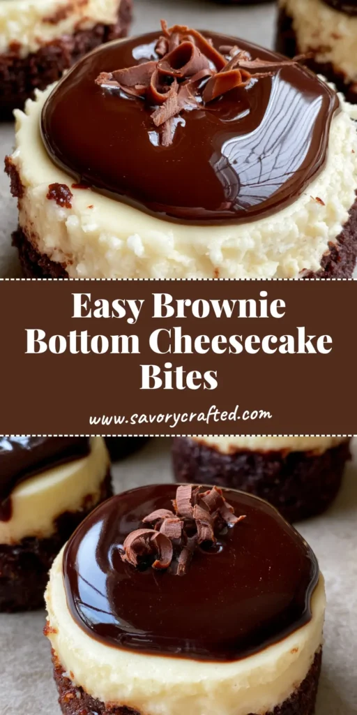 A close-up vertical shot of Brownie Bottom Mini Cheesecakes showing the dark brownie base, creamy cheesecake, and glossy dark chocolate ganache topped with chocolate curls.