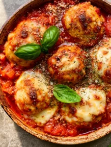 A rustic skillet featuring baked chicken meatballs topped with patches of melted mozzarella and fresh basil.
