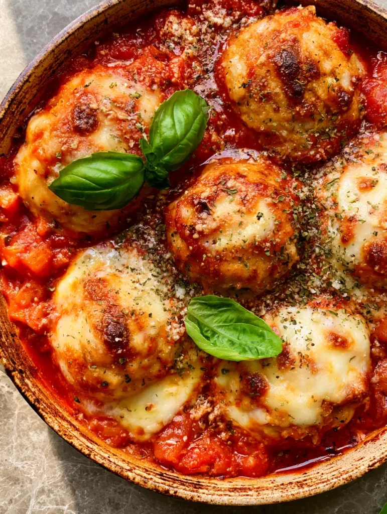 Chicken Ricotta Meatballs: The Ultimate Juicy Cast Iron Dinner 2 A rustic skillet featuring baked chicken meatballs topped with patches of melted mozzarella and fresh basil.