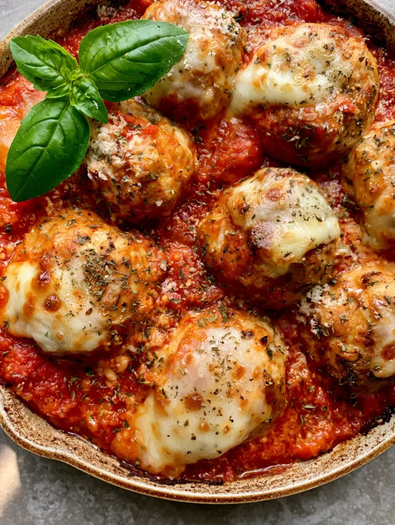 Chicken Ricotta Meatballs: The Ultimate Juicy Cast Iron Dinner 1 Juicy chicken meatballs with melted cheese and parmesan dusting in a stone countertop setting.