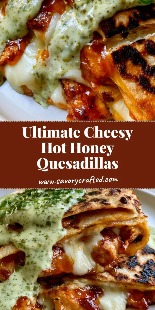 A stack of Hot Honey Chicken Quesadillas with charred tortillas, melting mozzarella, and a pale green jalapeño cream sauce drizzle.