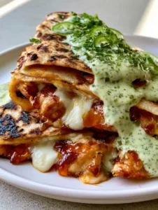 Close up of a charred flour tortilla filled with Hot Honey Chicken Quesadillas and oozing melted cheese.