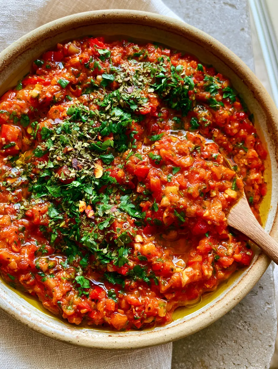 Close-up of textured Smoky Red Chimichurri Sauce showing minced roasted peppers and fresh parsley.