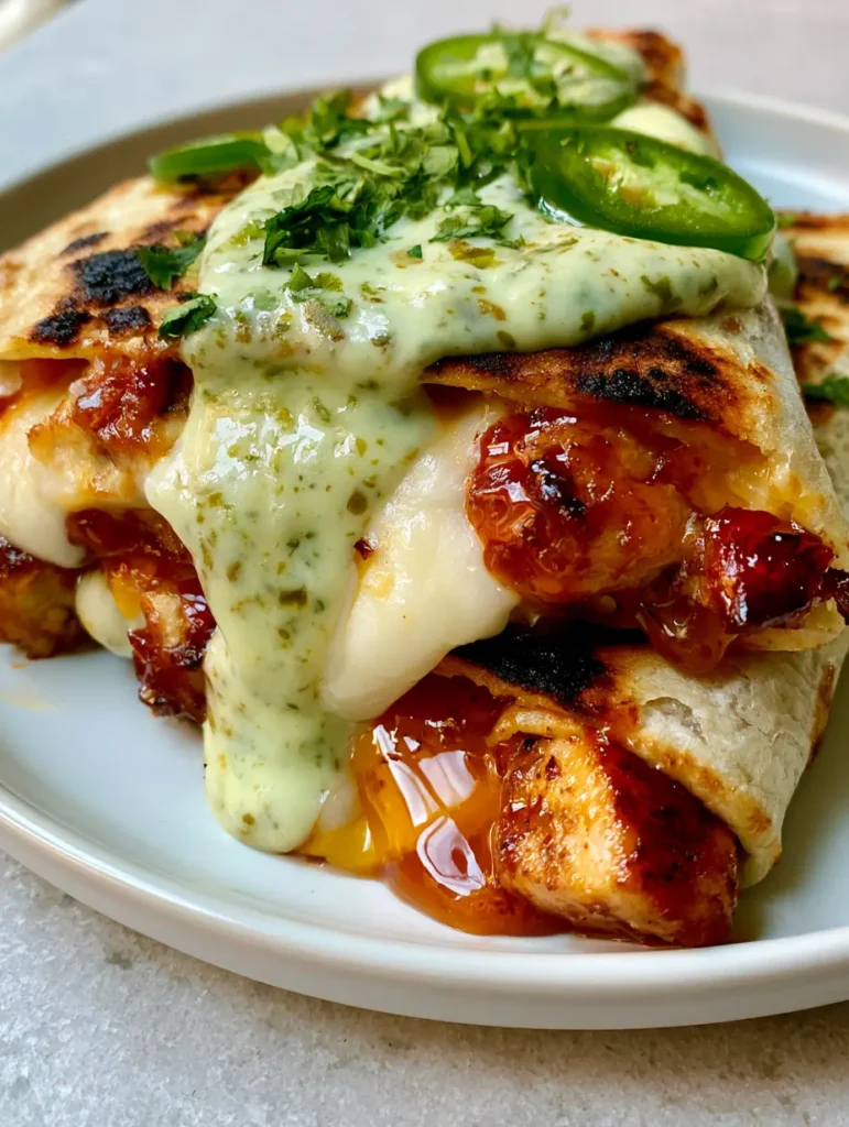 Sliced Hot Honey Chicken Quesadillas on a white plate with jalapeño cream sauce and fresh cilantro.