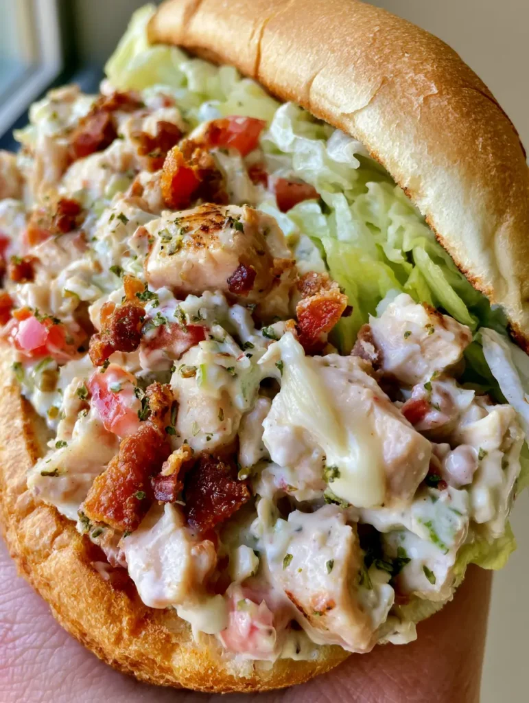 Chopped Chicken Bacon Ranch Sandwich: The Ultimate Creamy Deli Sub 1 Diced red tomatoes and shredded iceberg lettuce topping a Chopped Chicken Bacon Ranch Sandwich.