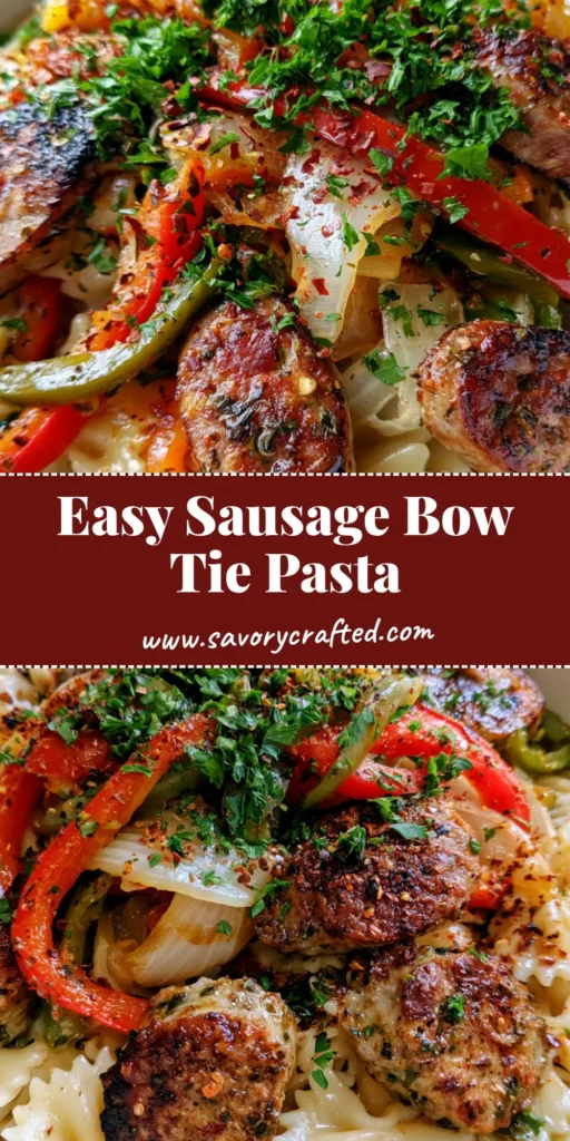 Italian Sausage Bow Tie Pasta with Seared Peppers and Onions 4 A close up of a bowl of Italian Sausage Bow Tie Pasta with seared sausage rounds, red and green peppers, and fresh parsley.