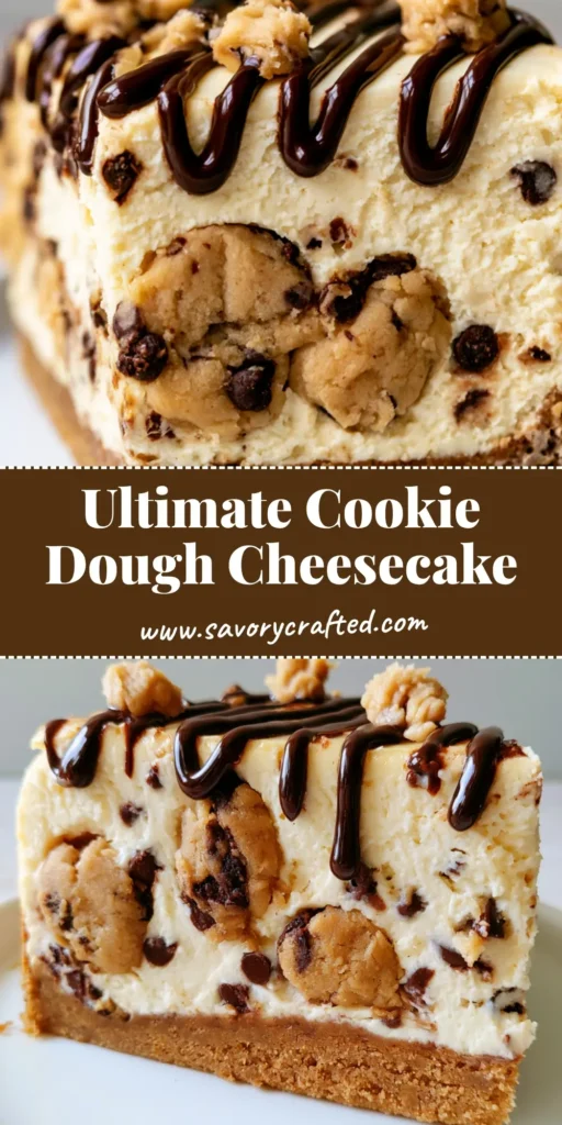 Cookie Dough Cheesecake with a Golden Cookie Crust 3 A tall slice of Cookie Dough Cheesecake with a golden-brown cookie crust, dark chocolate drizzle, and raw cookie dough mounds on top.