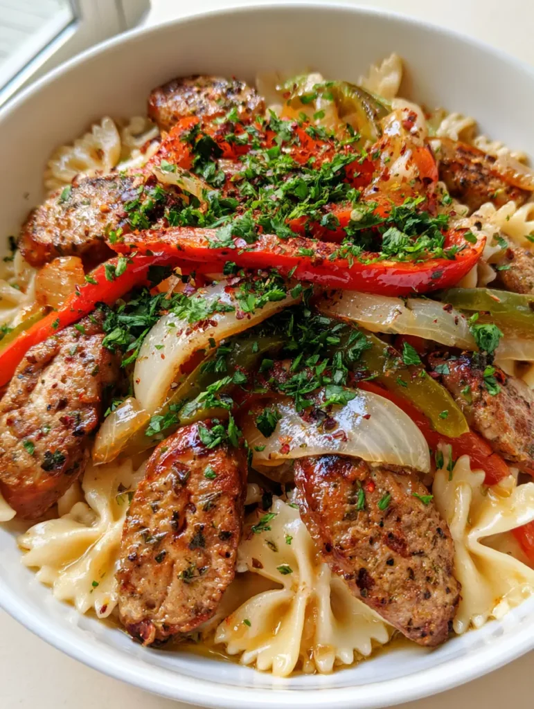 Italian Sausage Bow Tie Pasta with Seared Peppers and Onions 1 Top down view of Italian Sausage Bow Tie Pasta showing the translucent onions and red pepper flakes.