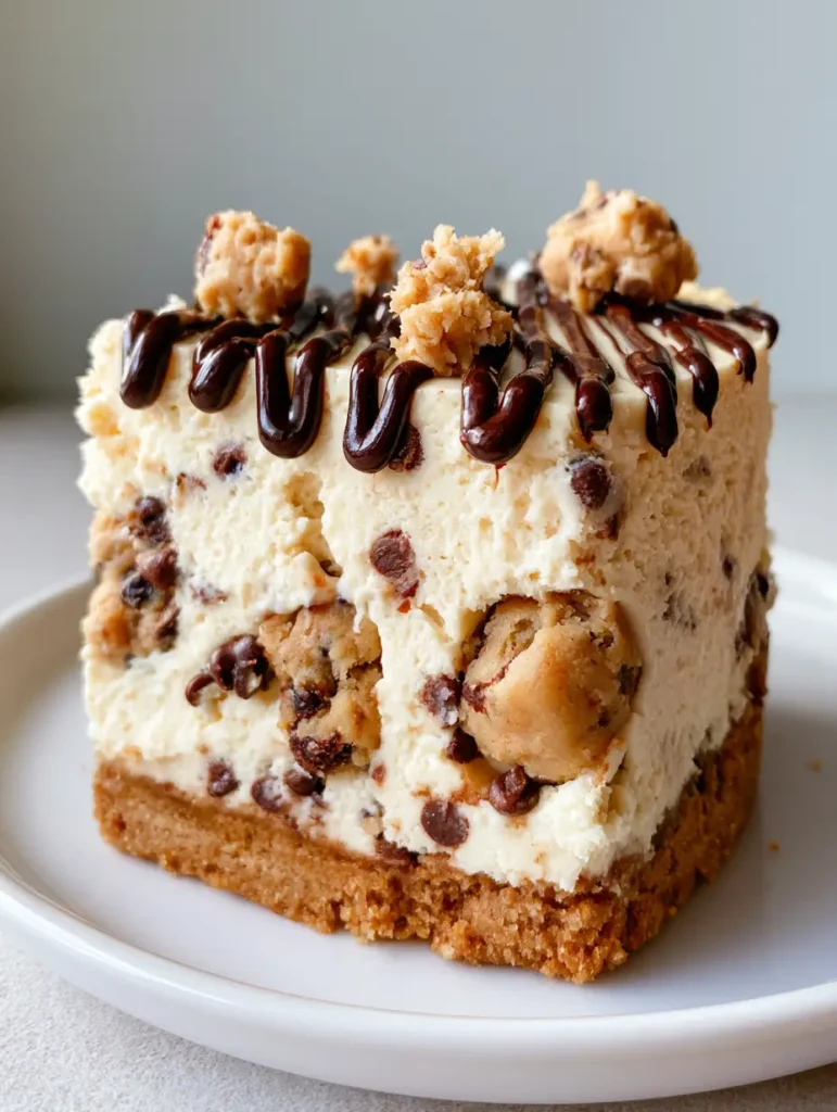 Cookie Dough Cheesecake with a Golden Cookie Crust 1 A side view of the Cookie Dough Cheesecake featuring the golden-brown pressed cookie crust and mini semi-sweet chocolate chips.