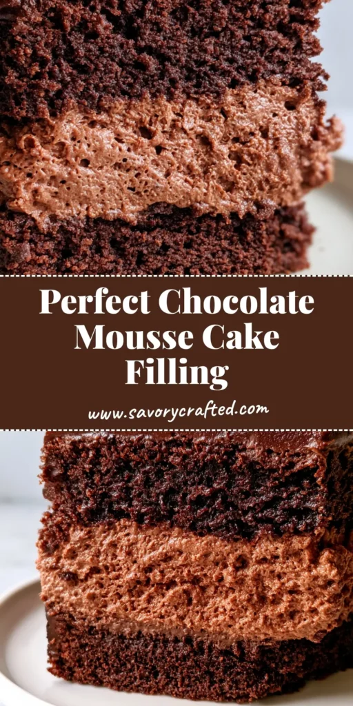 A thick, stable layer of Chocolate Mousse Cake Filling between two dark chocolate sponge layers, showing a creamy aerated texture with tiny air bubbles.