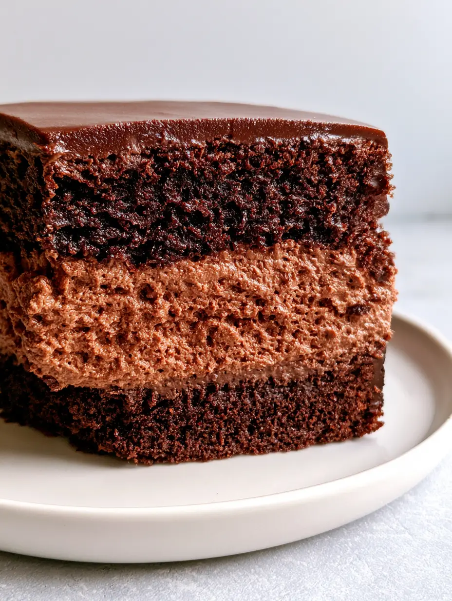 Close-up cross-section of a dark chocolate cake with a rich medium-brown Chocolate Mousse Cake Filling and smooth ganache glaze.