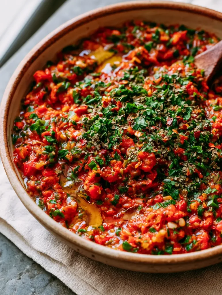 Spoonable Smoky Red Chimichurri Sauce with golden olive oil droplets in a ceramic bowl.