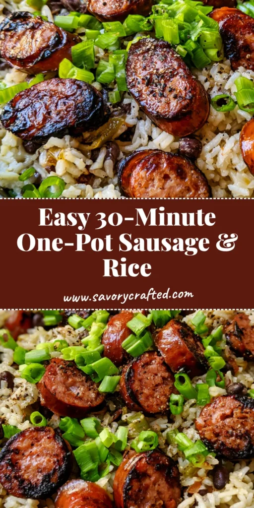 A top-down view of One-Pot Black Beans and Rice with Sausage in a black cast iron skillet, garnished with fresh green scallions and cracked black pepper.