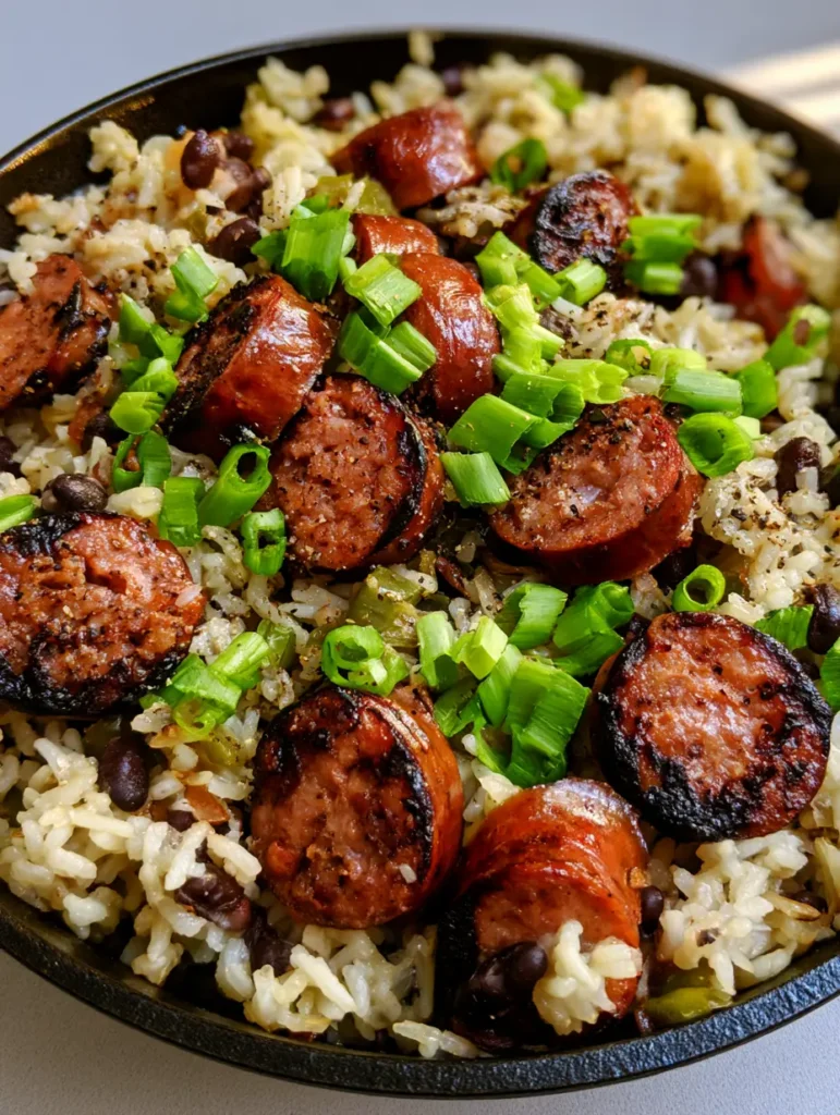 Smartphone photo of seared smoked sausage slices mixed with fluffy white rice and black beans in a cast iron skillet. (One-Pot Black Beans and Rice with Sausage)