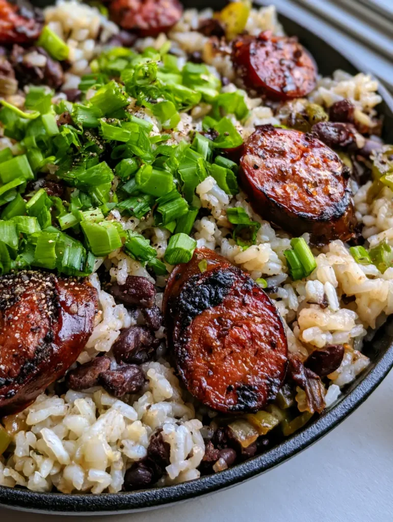 A handheld photo showing the steam rising from the One-Pot Black Beans and Rice with Sausage, highlighting the texture of the green bell peppers.