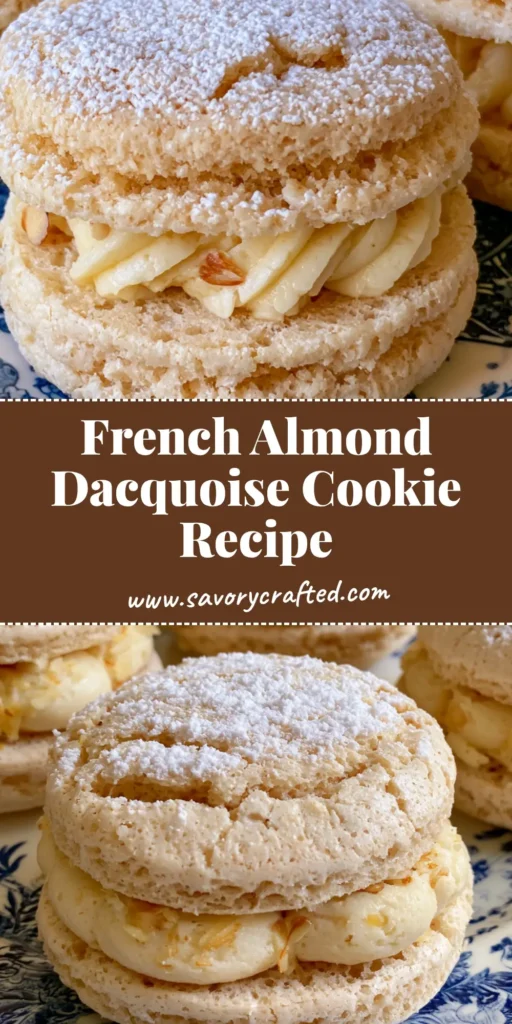 Almond Dacquoise Recipe: The Ultimate Guide to Crispy French Meringue Cookies 4 A stack of light-beige almond dacquoise sandwich cookies with ivory almond cream and powdered sugar dusting. (Almond Dacquoise Recipe)