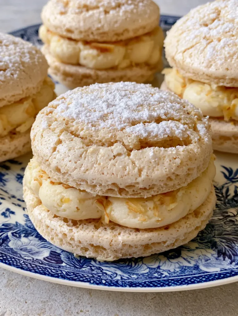 Close-up of almond dacquoise cookies on a vintage floral porcelain plate showing the porous, crackled surface. (Almond Dacquoise Recipe)