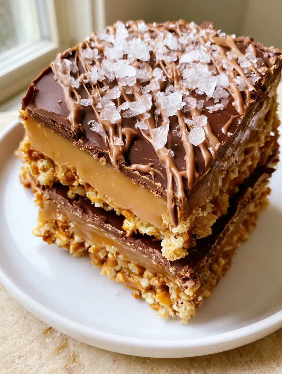 Close-up handheld smartphone photo of Salted Caramel Pretzel Bars with matte dark chocolate and milk chocolate drizzle.