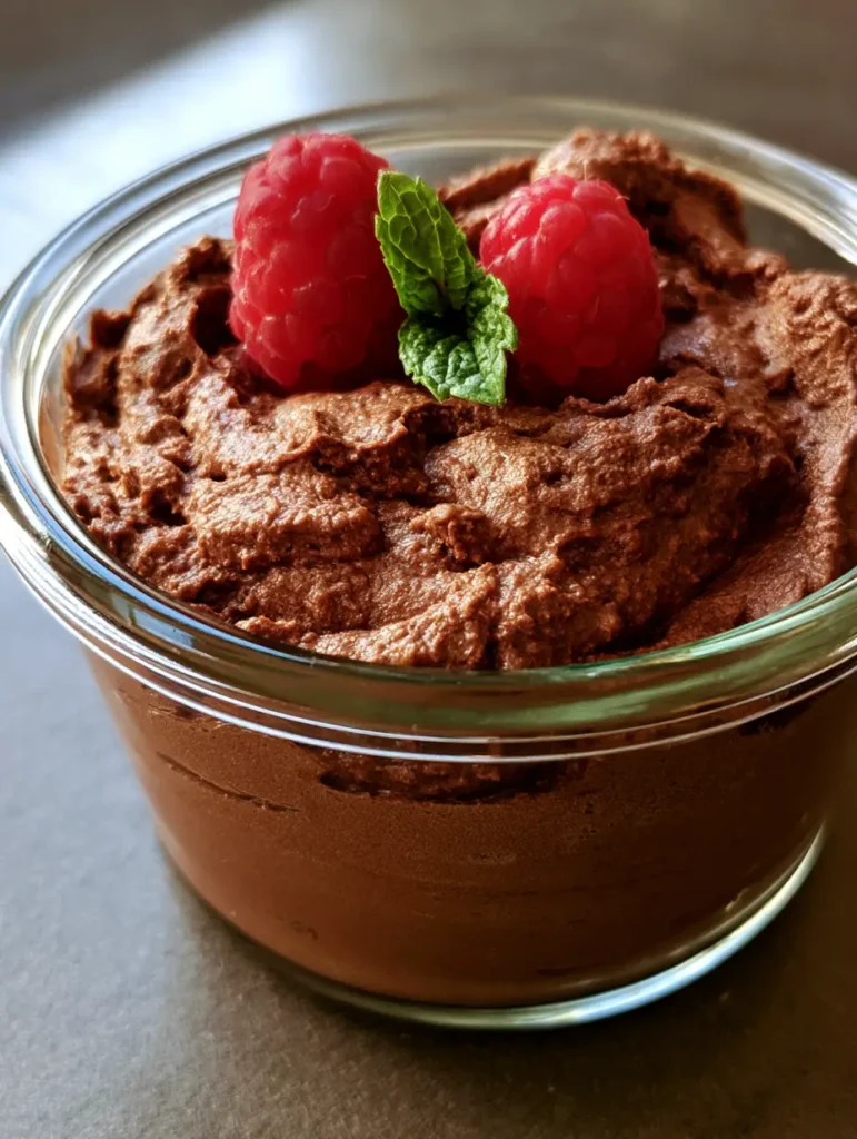 High Protein Chocolate Mousse with Blended Cottage Cheese 2 Close up of High Protein Chocolate Mousse with a dense and smooth texture in a clear glass ramekin.