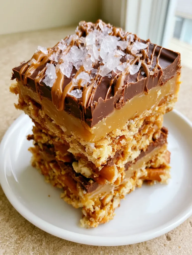 Rectangular Salted Caramel Pretzel Bars neatly stacked on a white plate on a beige stone countertop.