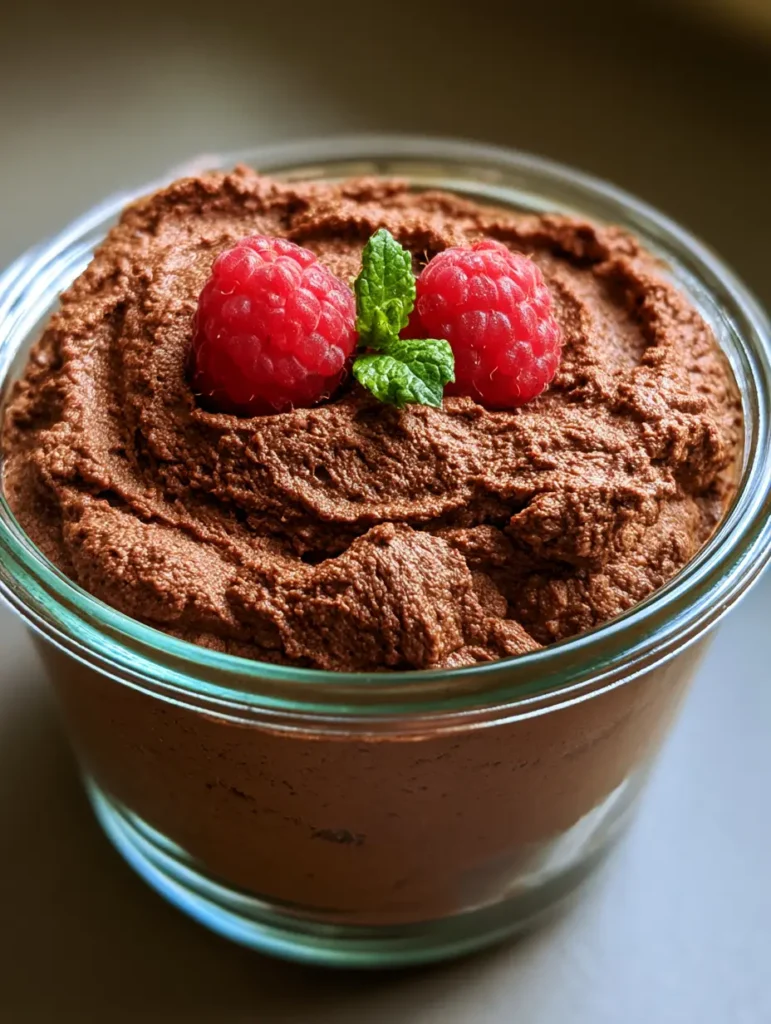 High Protein Chocolate Mousse with Blended Cottage Cheese 1 High Protein Chocolate Mousse garnished with red raspberries and a mint leaf on a dark matte surface.