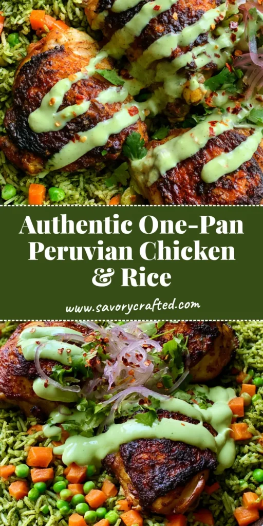 Peruvian Chicken and Rice: The Ultimate Arroz con Pollo Verde Recipe 4 A top-down view of Peruvian Chicken and Rice featuring crispy skin-on chicken thighs over vibrant green cilantro rice with red onion salsa.