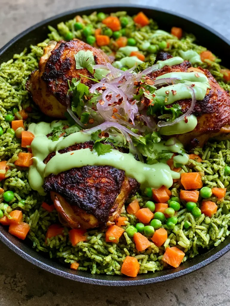 Close up shot of Arroz con Pollo Verde in a black pan with crispy chicken and forest green rice. (Peruvian Chicken and Rice)