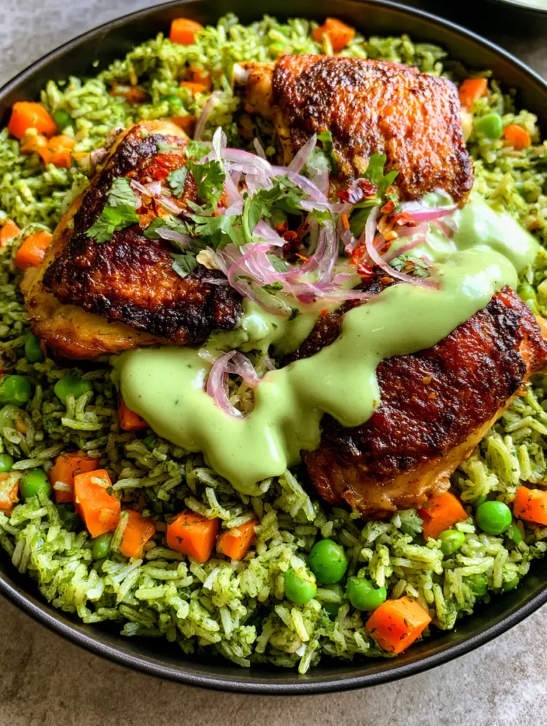 Peruvian Chicken and Rice: The Ultimate Arroz con Pollo Verde Recipe 1 Peruvian Chicken and Rice topped with creamy aji sauce and translucent red onions.