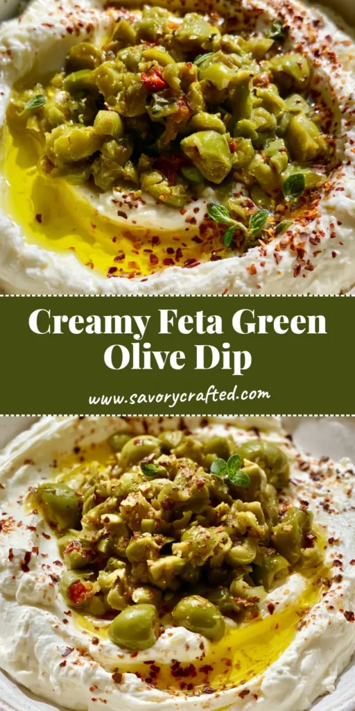Green Olive Dip with Whipped Feta and Pimentos 3 A shallow rustic white bowl filled with creamy whipped feta and topped with a vibrant pile of coarsely chopped green olives and pimento bits. (Green Olive Dip)