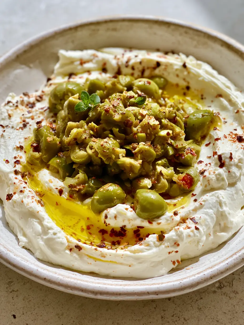Green Olive Dip with Whipped Feta and Pimentos 4 A handheld smartphone photo of whipped Green Olive Dip in a rustic ceramic bowl with visible olive oil swirls and fresh oregano. (Green Olive Dip)