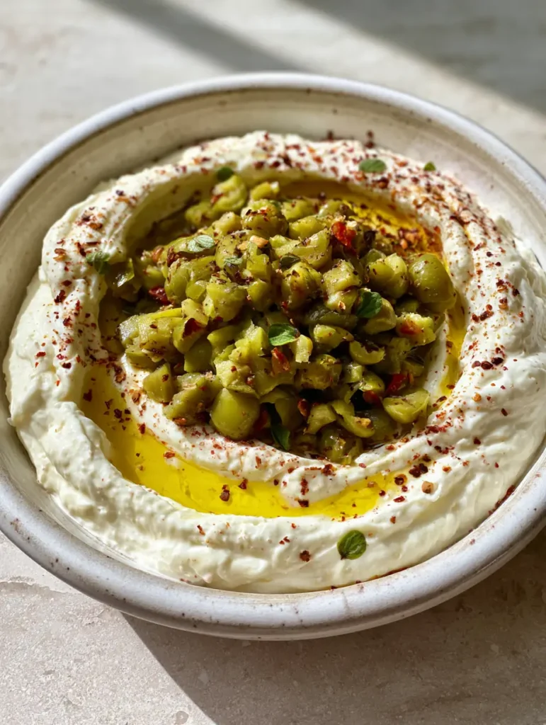 Green Olive Dip with Whipped Feta and Pimentos 1 Authentic top-down view of Green Olive Dip showing the vibrant pile of olives, pimentos, and red pepper flakes.