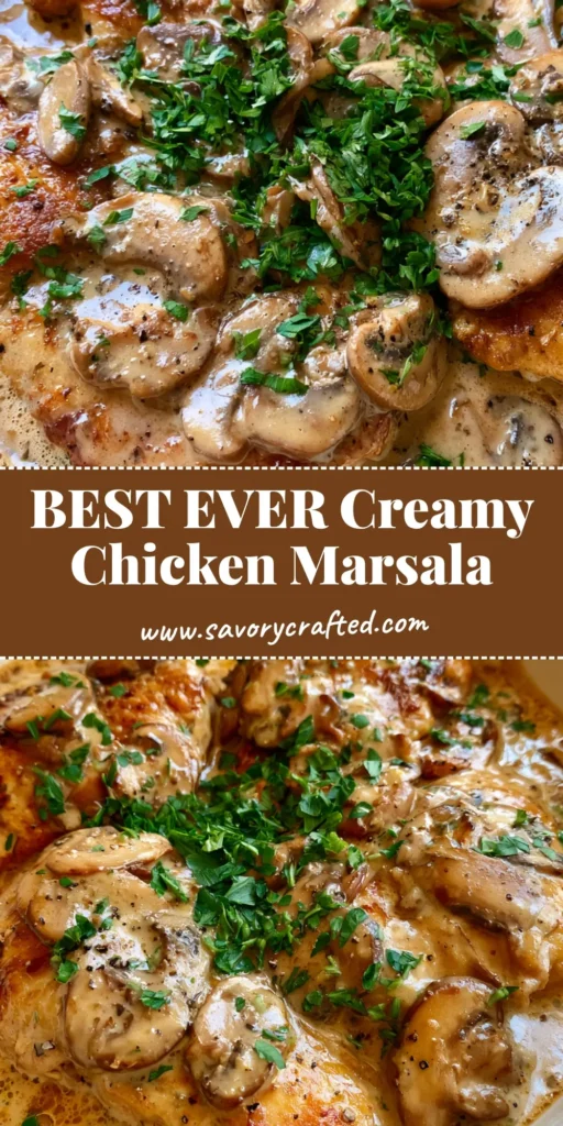 Chicken Marsala Recipe: The Ultimate Creamy Mushroom Classic 3 A close-up of golden pan-seared chicken cutlets in a thick creamy Marsala sauce with sliced cremini mushrooms and fresh parsley. (Chicken Marsala Recipe)