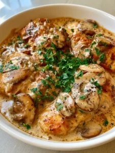 Overhead shot of golden-brown Chicken Marsala Recipe in a white ceramic bowl with glossy sauce. (Chicken Marsala Recipe)