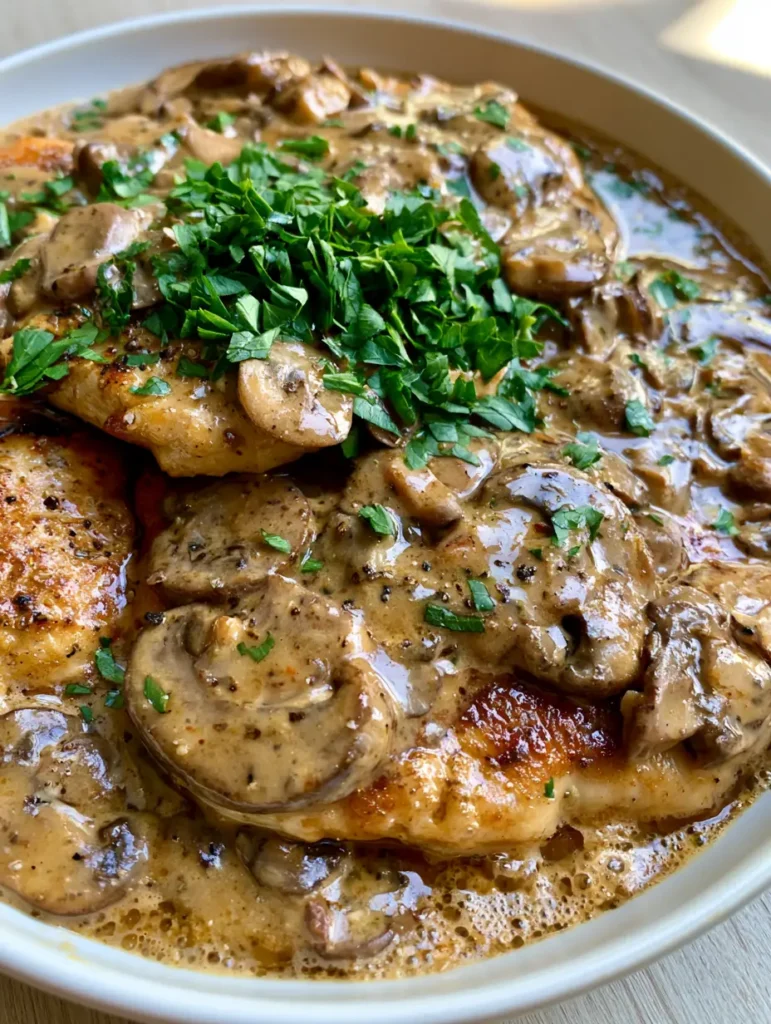 Chicken Marsala Recipe: The Ultimate Creamy Mushroom Classic 1 Close-up of thick, glossy light-brown cream sauce with tender sliced cremini mushrooms and cracked pepper.