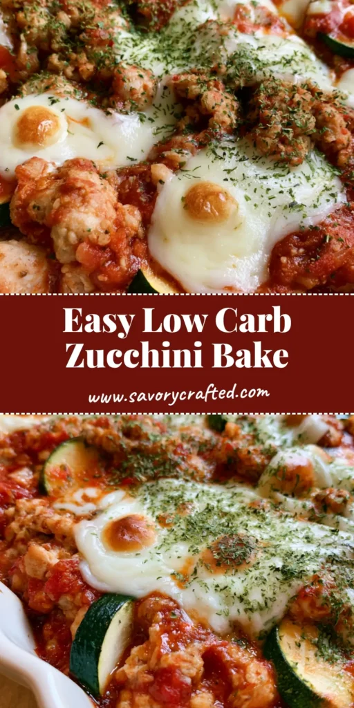 A bubbling Ground Turkey Zucchini Casserole in a white scalloped dish featuring melted mozzarella with golden toasted spots and dried herbs. (Ground Turkey Zucchini Casserole)