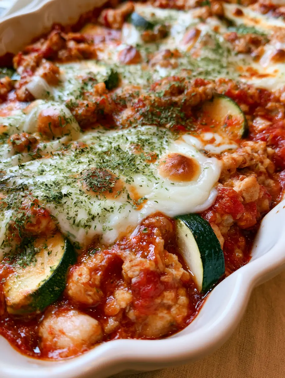 Close-up of browned ground turkey crumbles and sliced green zucchini rounds in a thick red sauce. (Ground Turkey Zucchini Casserole)