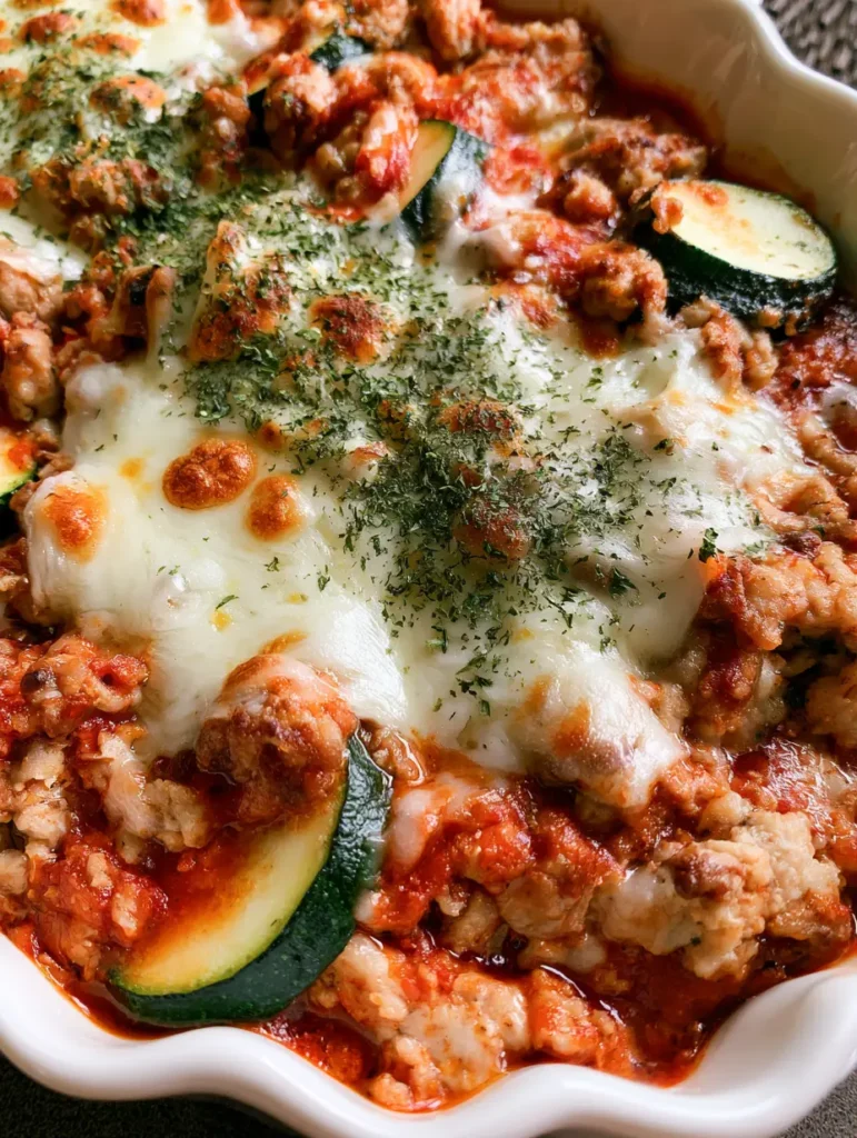Melted mozzarella cheese with toasted spots over a Ground Turkey Zucchini Casserole with green herb flakes.