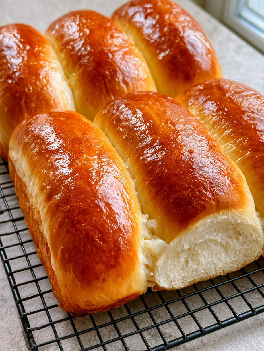 Close up of Homemade Hot Dog Buns showing the soft white pull-apart bread crumb and golden crust.