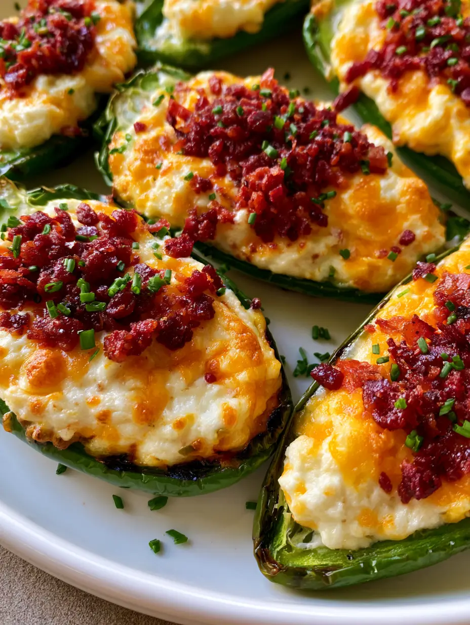 Close-up of blistered green jalapeño halves filled with melted cream cheese and sharp cheddar (Jalapeño Poppers).