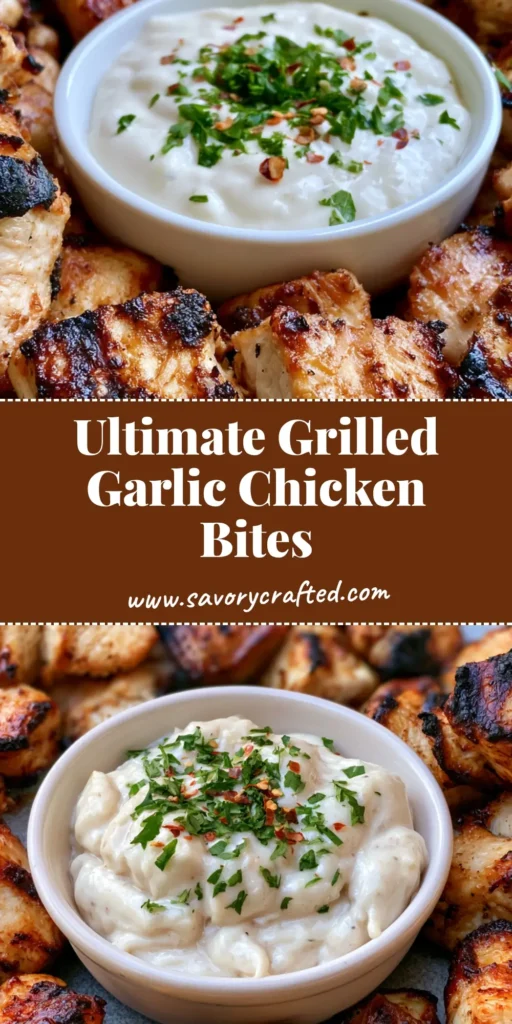 A top-down view of charred Grilled Chicken Bites arranged on a matte grey plate with a white ceramic bowl of garlic sauce.