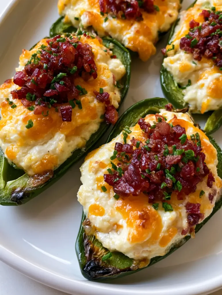 Several Jalapeño Poppers topped with deep-red bacon crumbles and chives on a ceramic plate.