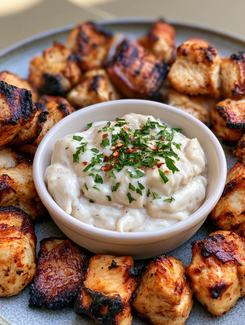 Handheld photo showing golden-brown Grilled Chicken Bites with visible sear marks and smoky edges.