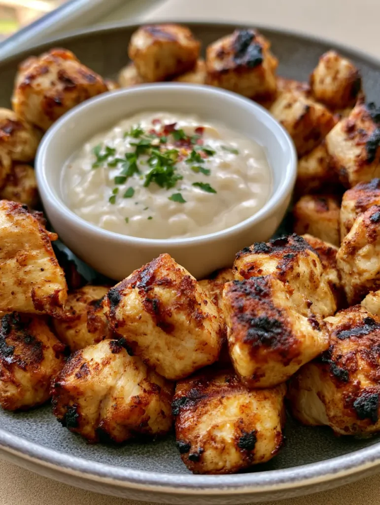 Close up of Grilled Chicken Bites surrounding a bowl of thick white garlic sauce garnished with parsley and red pepper flakes.